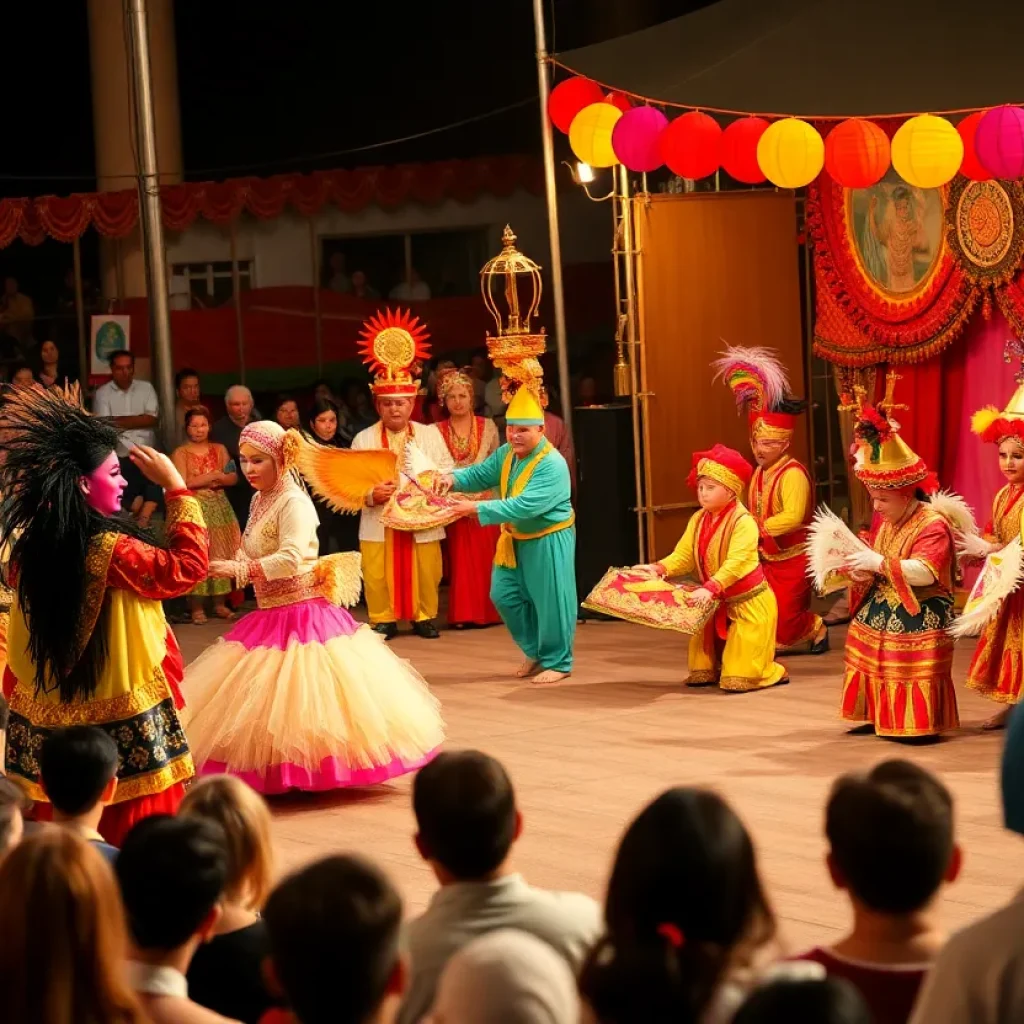 A bustling scene from the Orlando International Fringe Theatre Festival featuring performers and an engaged audience.