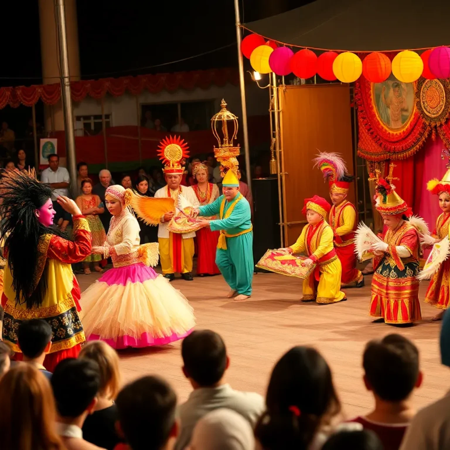 A bustling scene from the Orlando International Fringe Theatre Festival featuring performers and an engaged audience.