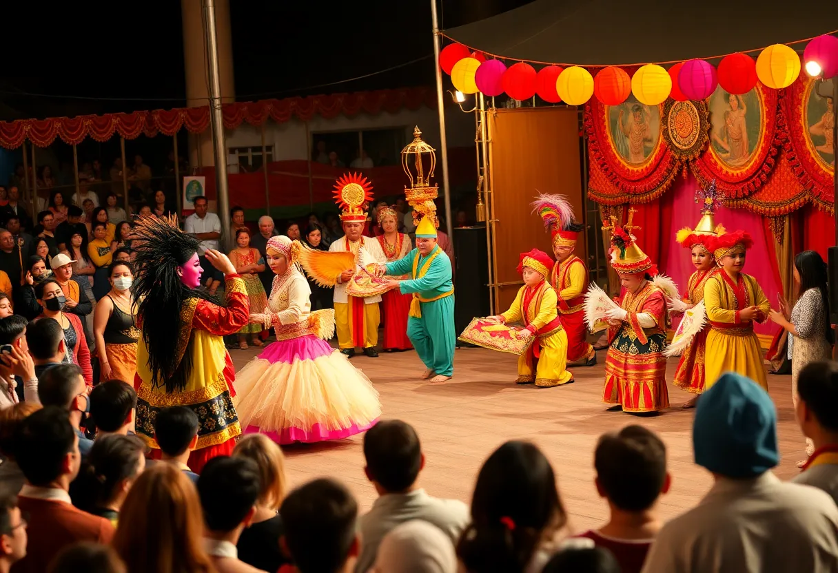 A bustling scene from the Orlando International Fringe Theatre Festival featuring performers and an engaged audience.