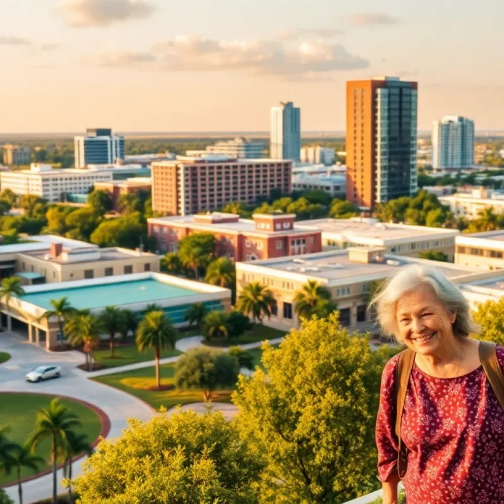 Cityscape of Orlando with parks and seniors enjoying activities