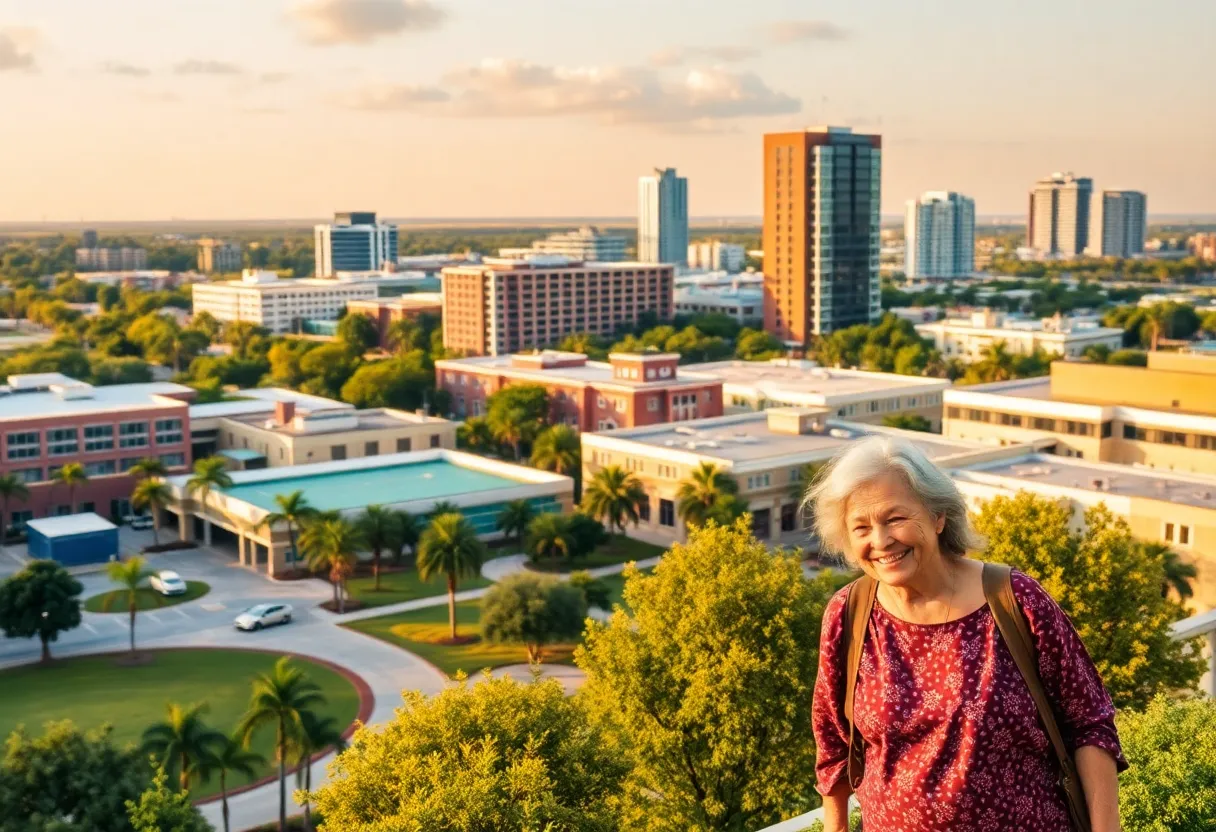 Cityscape of Orlando with parks and seniors enjoying activities