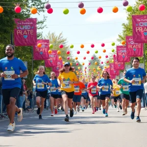 Community gathering for a charity 5K race focused on child abuse awareness.