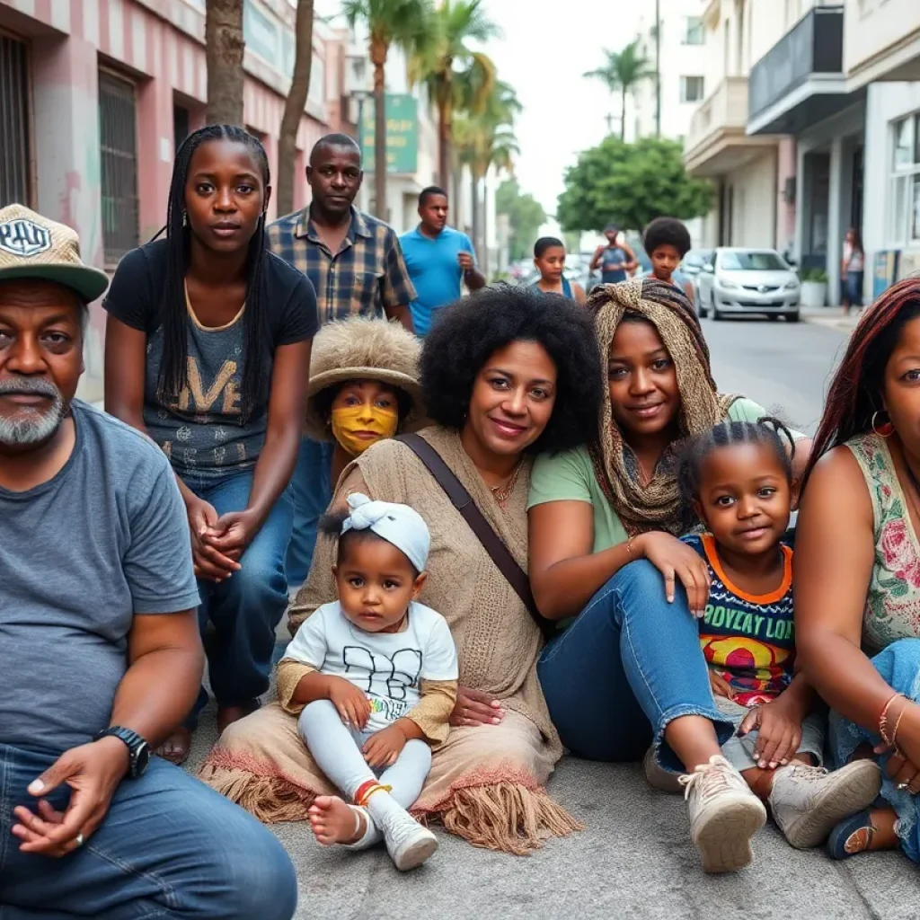 Urban scene depicting individuals and families in Orlando experiencing homelessness