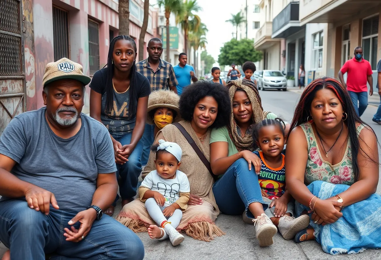 Urban scene depicting individuals and families in Orlando experiencing homelessness