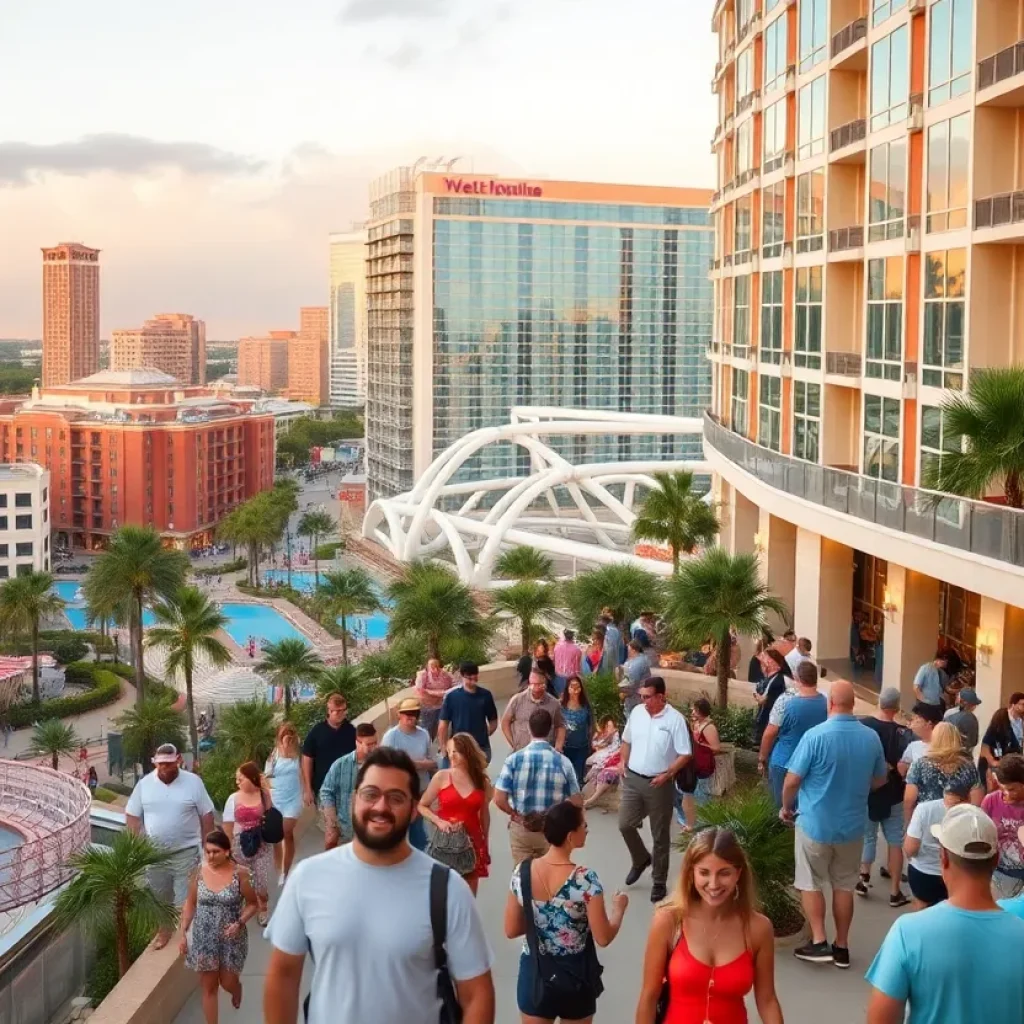 Busy Orlando hotel scene with tourists enjoying their stay