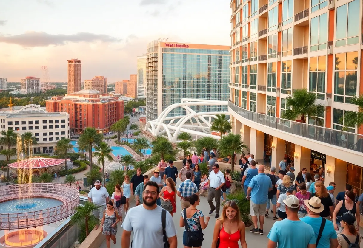 Busy Orlando hotel scene with tourists enjoying their stay