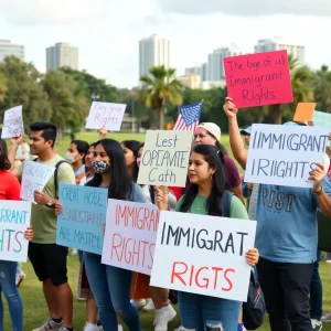 A group of community members holding signs advocating for immigrant rights in Orlando.