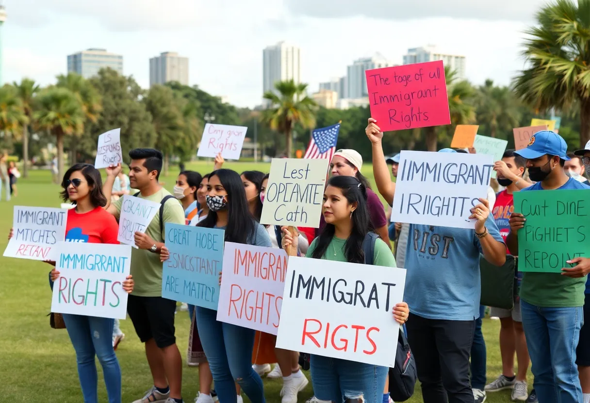 A group of community members holding signs advocating for immigrant rights in Orlando.