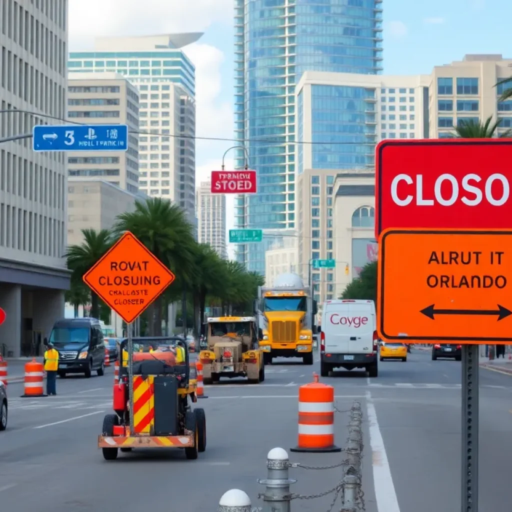 Construction work on a downtown Orlando street with detour signs.