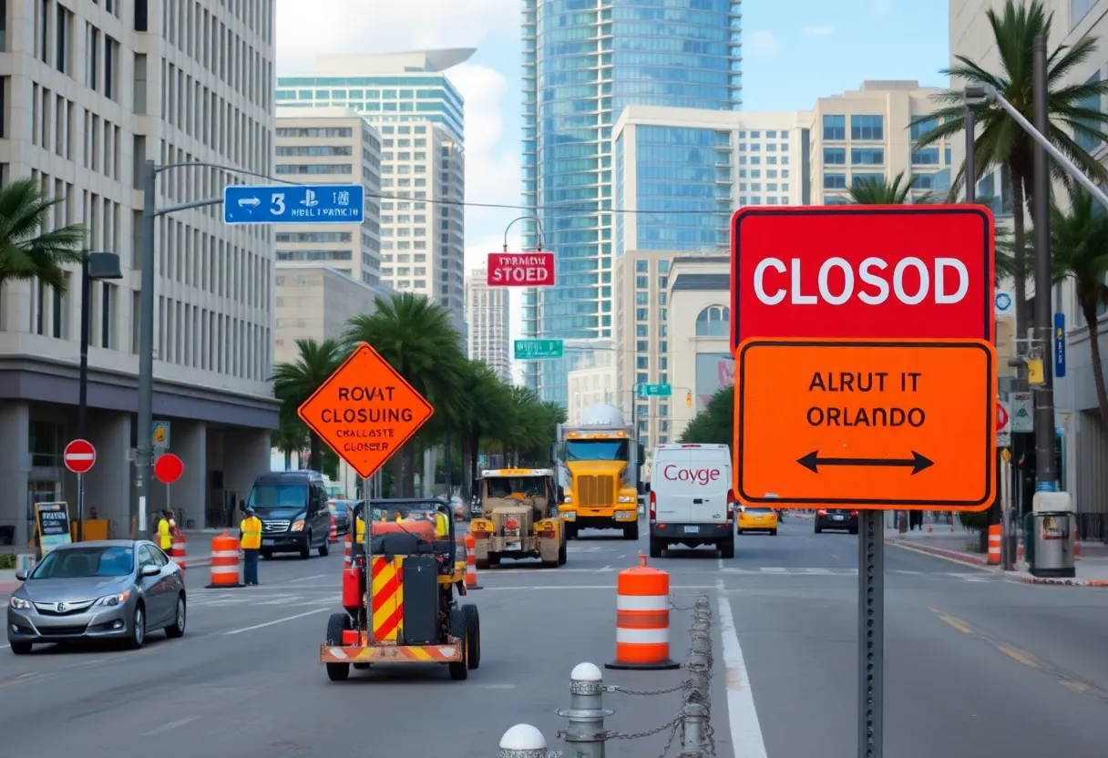Construction work on a downtown Orlando street with detour signs.