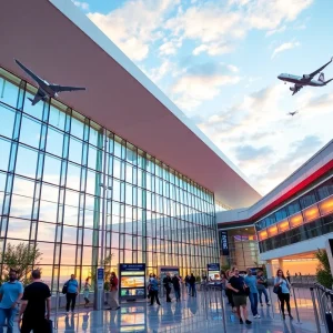 Aerial view of Orlando International Airport showcasing its modern terminal and busy runway