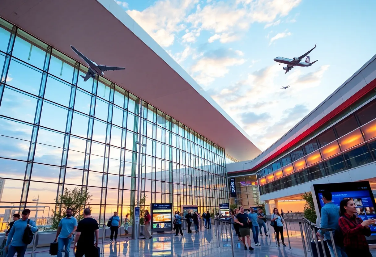 Aerial view of Orlando International Airport showcasing its modern terminal and busy runway