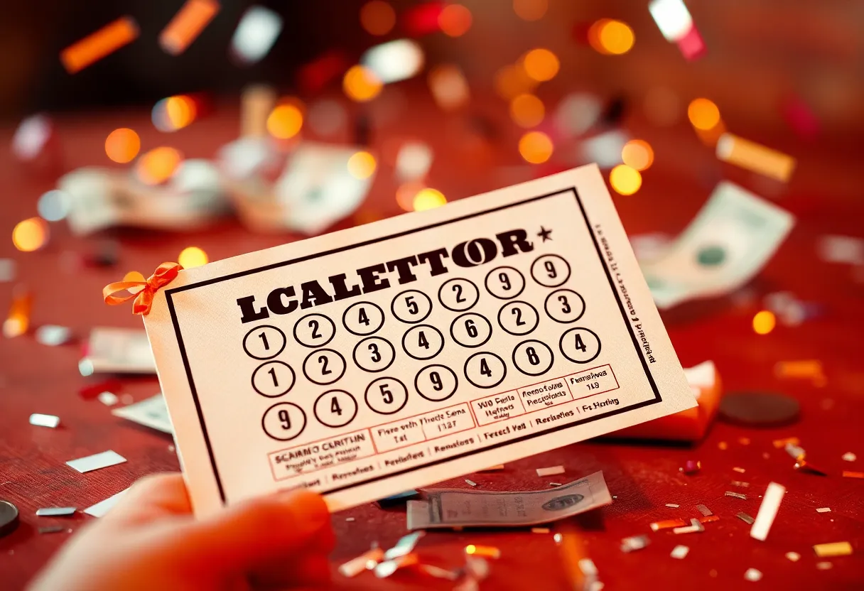 Celebration of a Florida Lottery scratch-off win with confetti and cash.