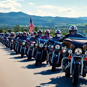 Motorcycles riding down the road to raise awareness for veteran suicide prevention.