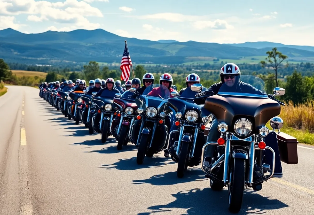 Motorcycles riding down the road to raise awareness for veteran suicide prevention.