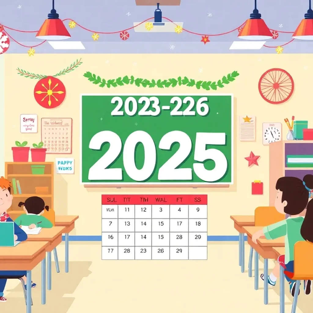 Illustration of a classroom with a calendar displaying the 2025-2026 school year with winter and spring break highlights.