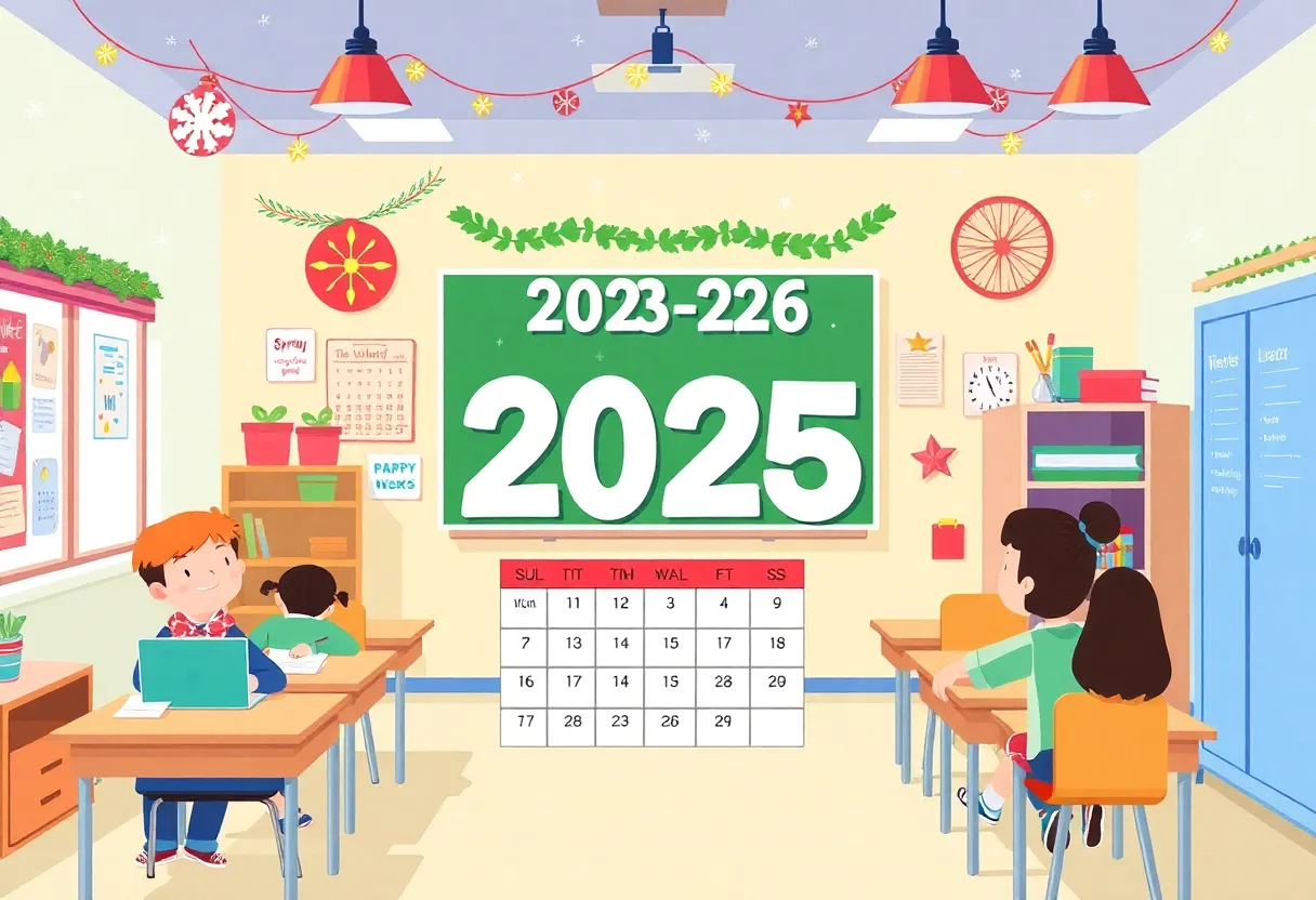 Illustration of a classroom with a calendar displaying the 2025-2026 school year with winter and spring break highlights.