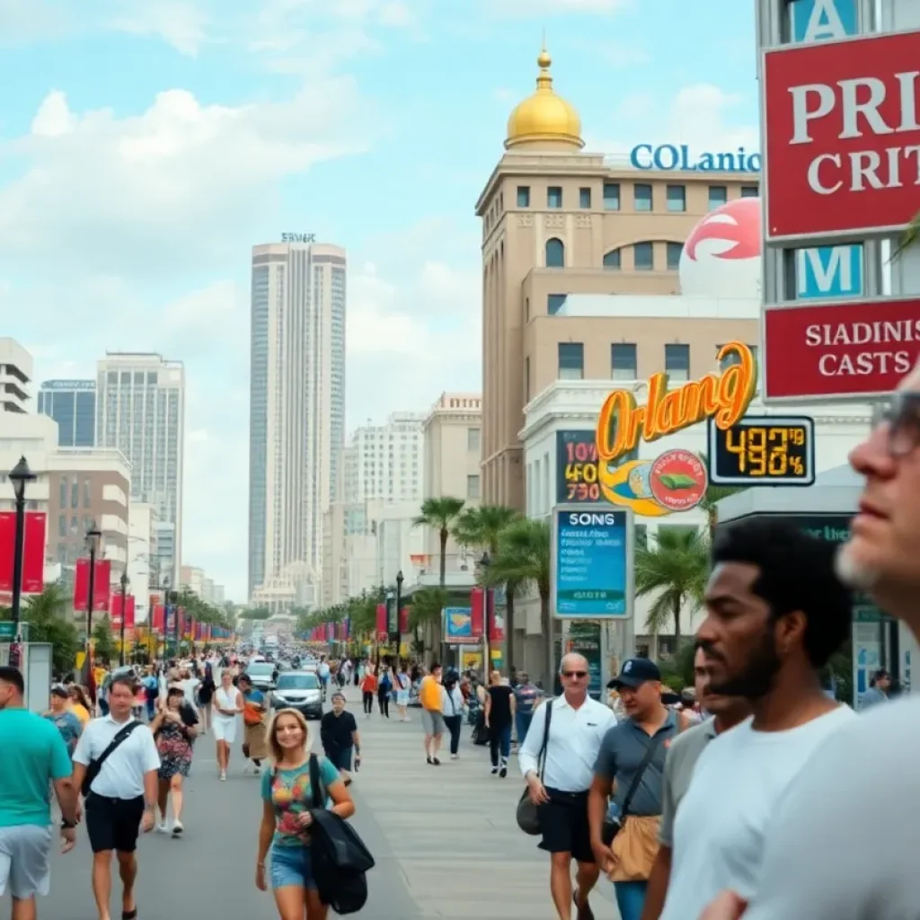 A cityscape of Orlando, Florida, highlighting its attractions and a sense of economic uncertainty.
