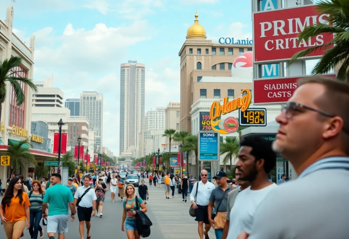 A cityscape of Orlando, Florida, highlighting its attractions and a sense of economic uncertainty.