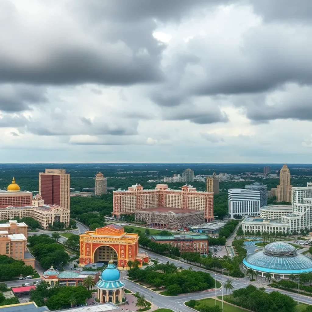 Orlando skyline with theme parks against a cloudy backdrop symbolizing tourism challenges