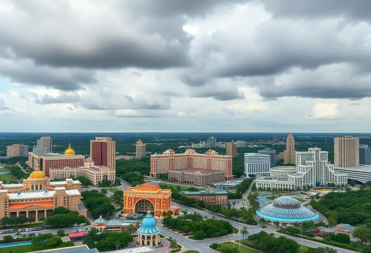 Orlando skyline with theme parks against a cloudy backdrop symbolizing tourism challenges