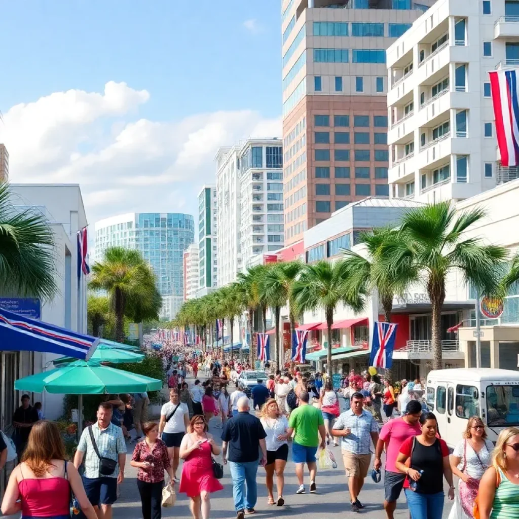 A lively scene of Orlando with tourists enjoying local attractions.