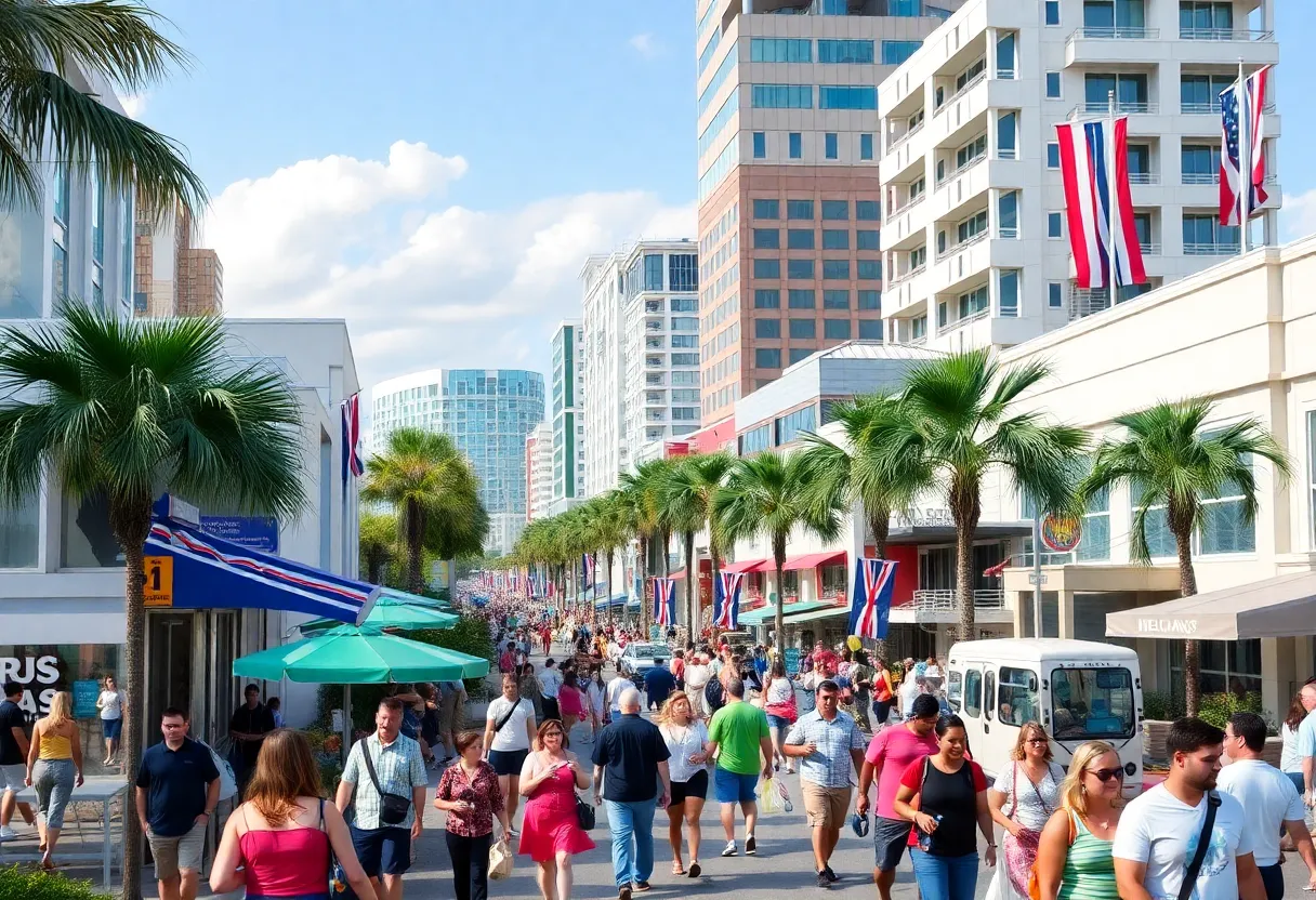 A lively scene of Orlando with tourists enjoying local attractions.