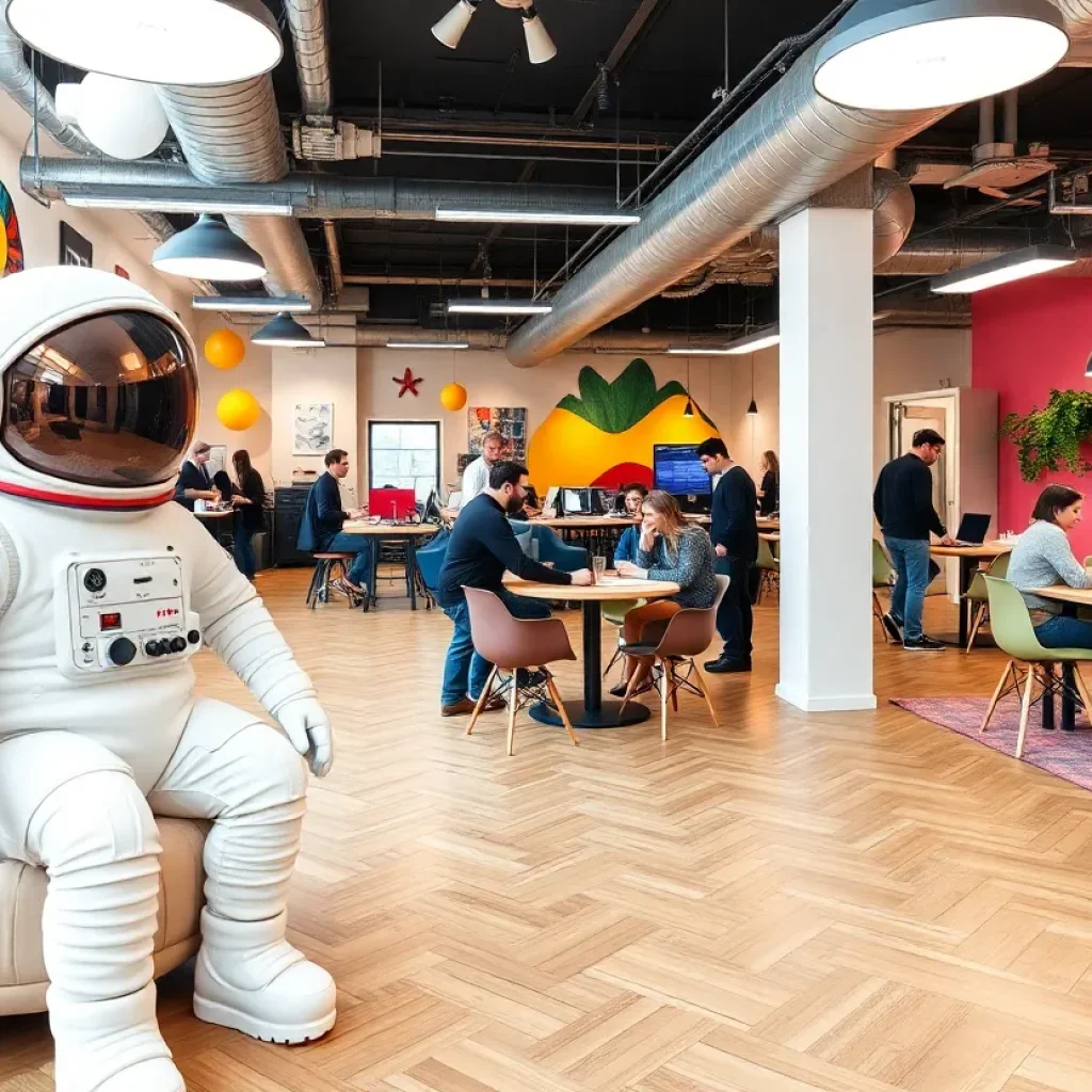 Diverse individuals working in a colorful coworking space in Orlando with creative decor.