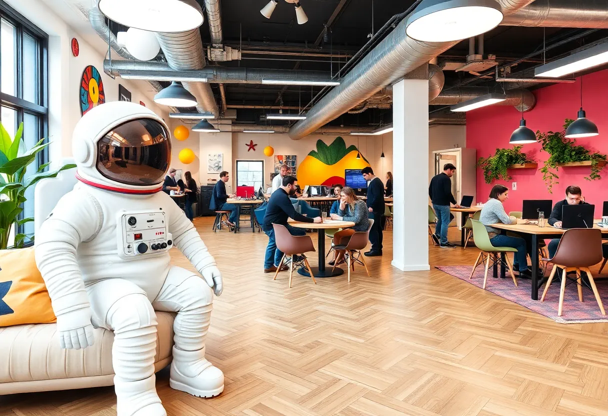 Diverse individuals working in a colorful coworking space in Orlando with creative decor.