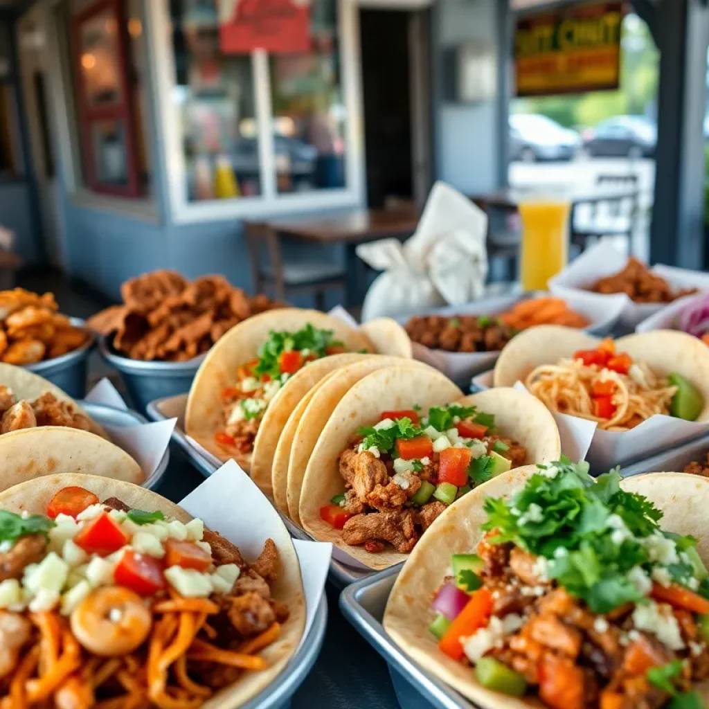 Assorted tacos including seafood, beef, and vegetarian options at Rusty Taco
