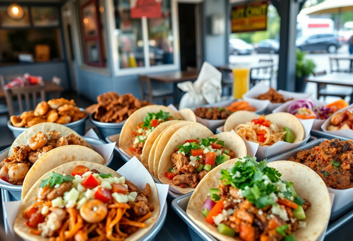 Assorted tacos including seafood, beef, and vegetarian options at Rusty Taco