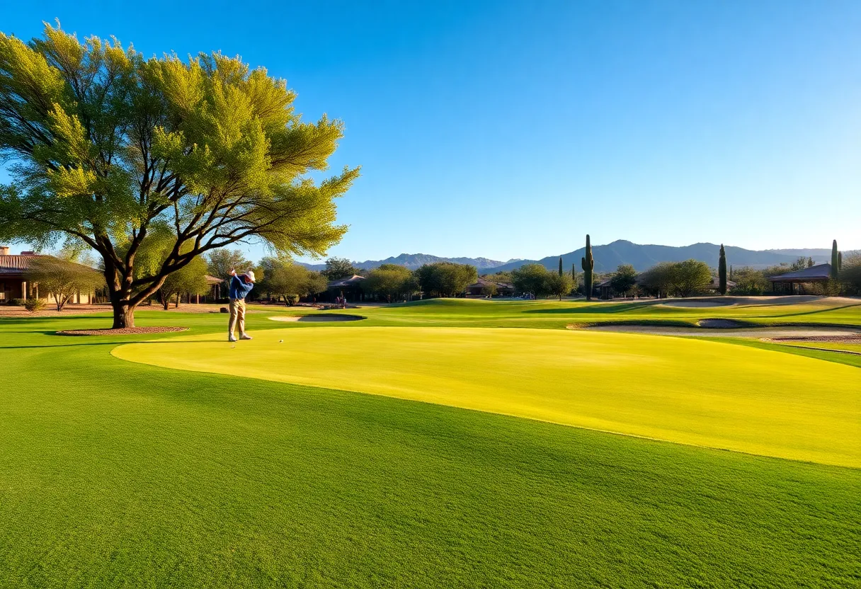 A beautiful golf course in Scottsdale, Arizona, with golfers playing under clear skies.