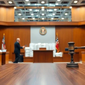 Courtroom scene representing legal action involving fabric manufacturing