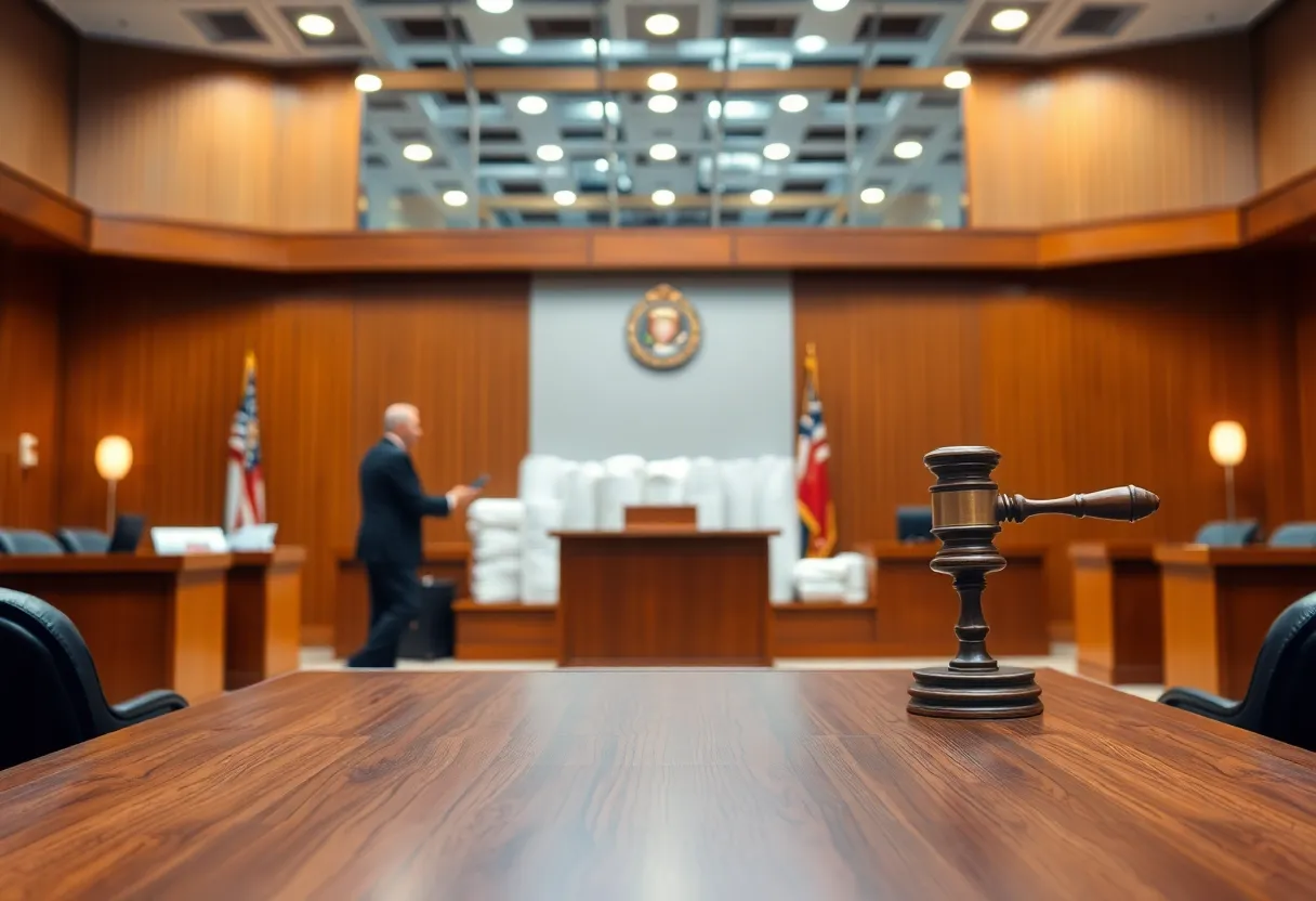 Courtroom scene representing legal action involving fabric manufacturing