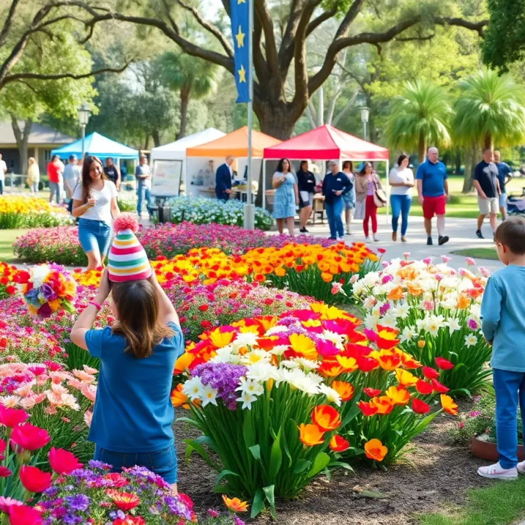 Families and community members enjoying spring celebrations in a park.