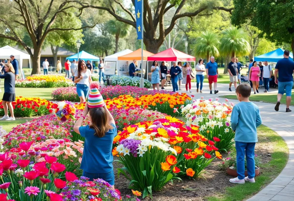 Families and community members enjoying spring celebrations in a park.