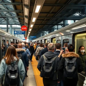 Commuters boarding trains at a SunRail station in Orange County