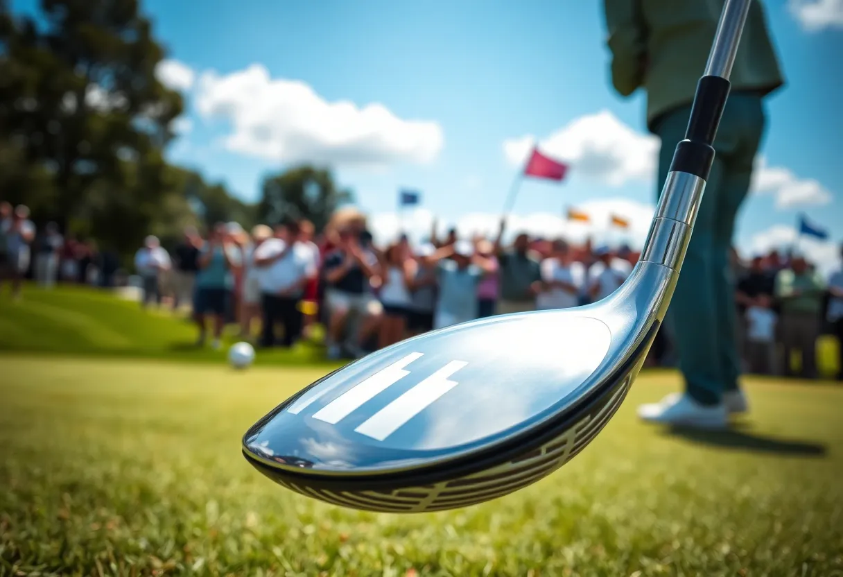 Tiger Woods showcasing a new golf driver at the PNC Championship