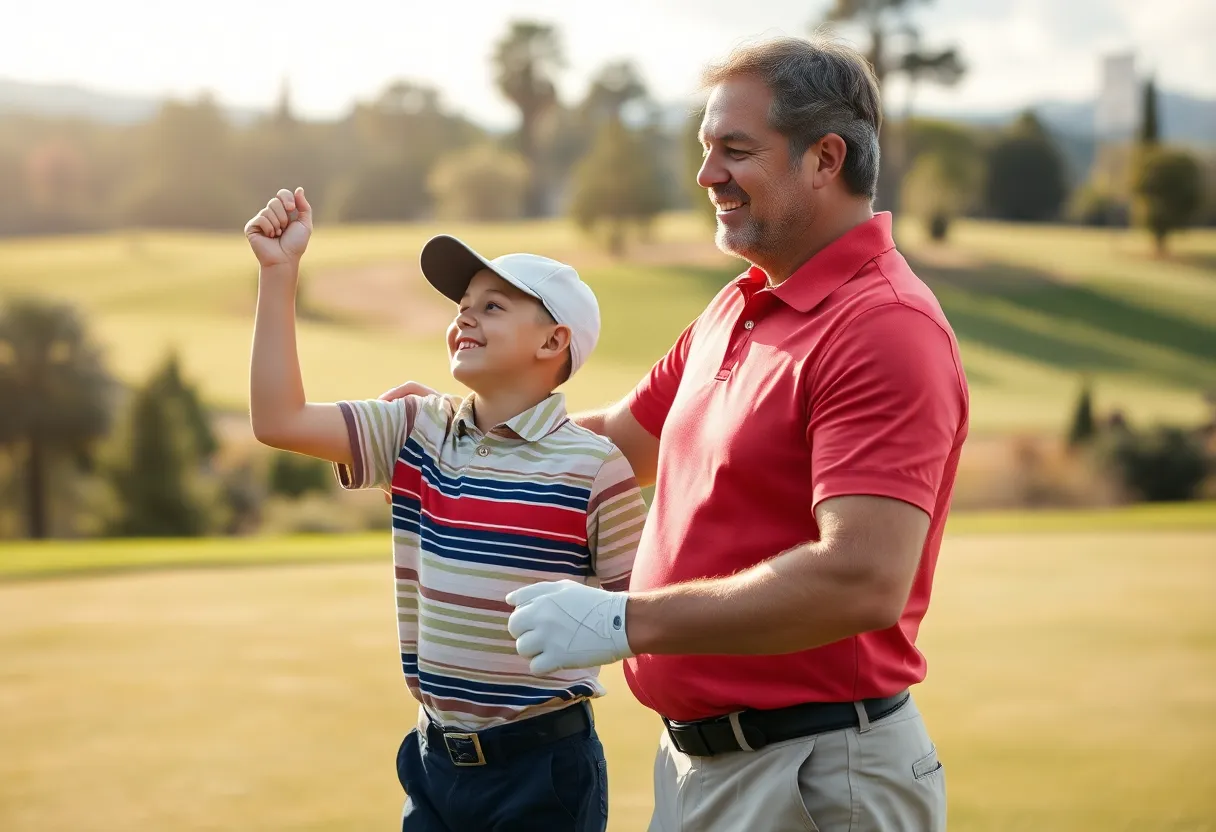 Father and son celebrating on a golf course after a successful match.