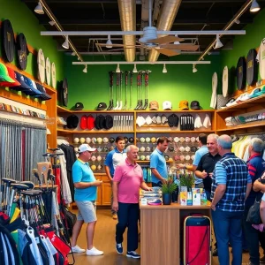 Interior view of a popular golf retail shop with customers