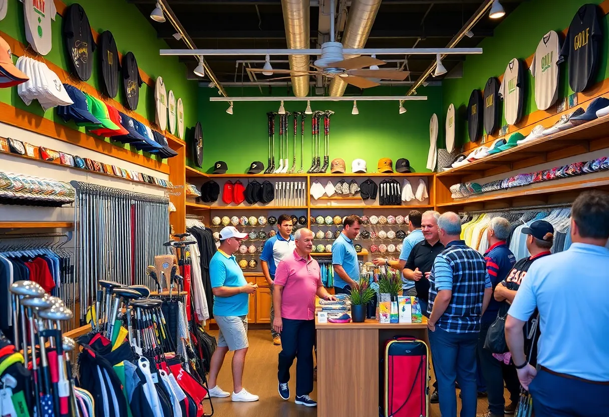 Interior view of a popular golf retail shop with customers