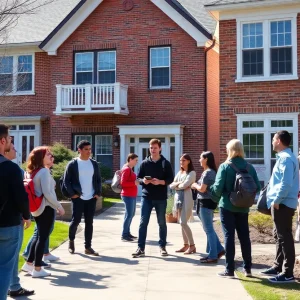Students discussing fraternity issues on a university campus.