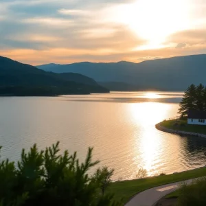 A beautiful view of a timeshare resort surrounded by nature during sunset.