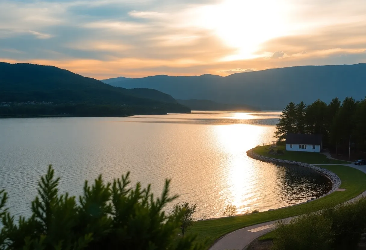 A beautiful view of a timeshare resort surrounded by nature during sunset.