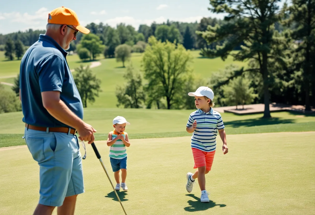 Tiger Woods and his son Charlie celebrating on the golf course