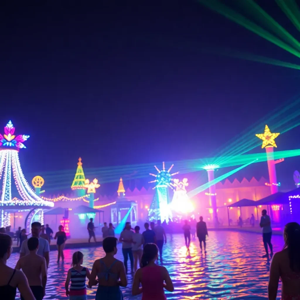 Families enjoying the Aqua Glow Summer Event at SeaWorld with colorful lights and decorations.
