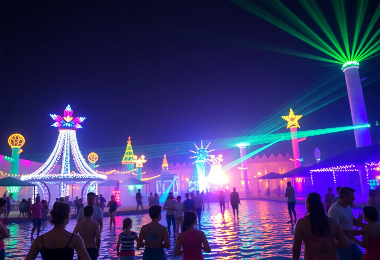 Families enjoying the Aqua Glow Summer Event at SeaWorld with colorful lights and decorations.
