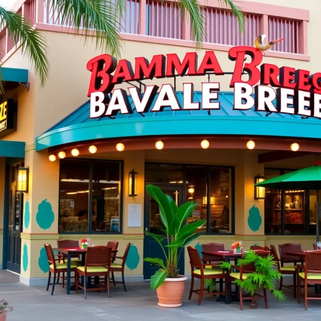 Exterior view of a Bahama Breeze restaurant with tropical decor.