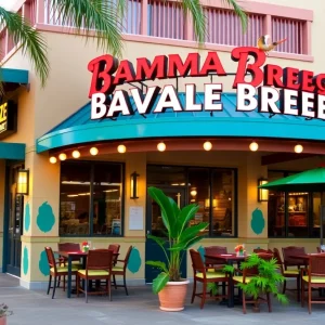 Exterior view of a Bahama Breeze restaurant with tropical decor.