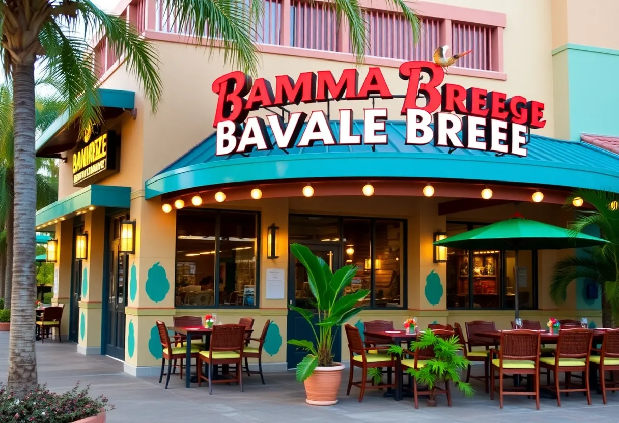 Exterior view of a Bahama Breeze restaurant with tropical decor.